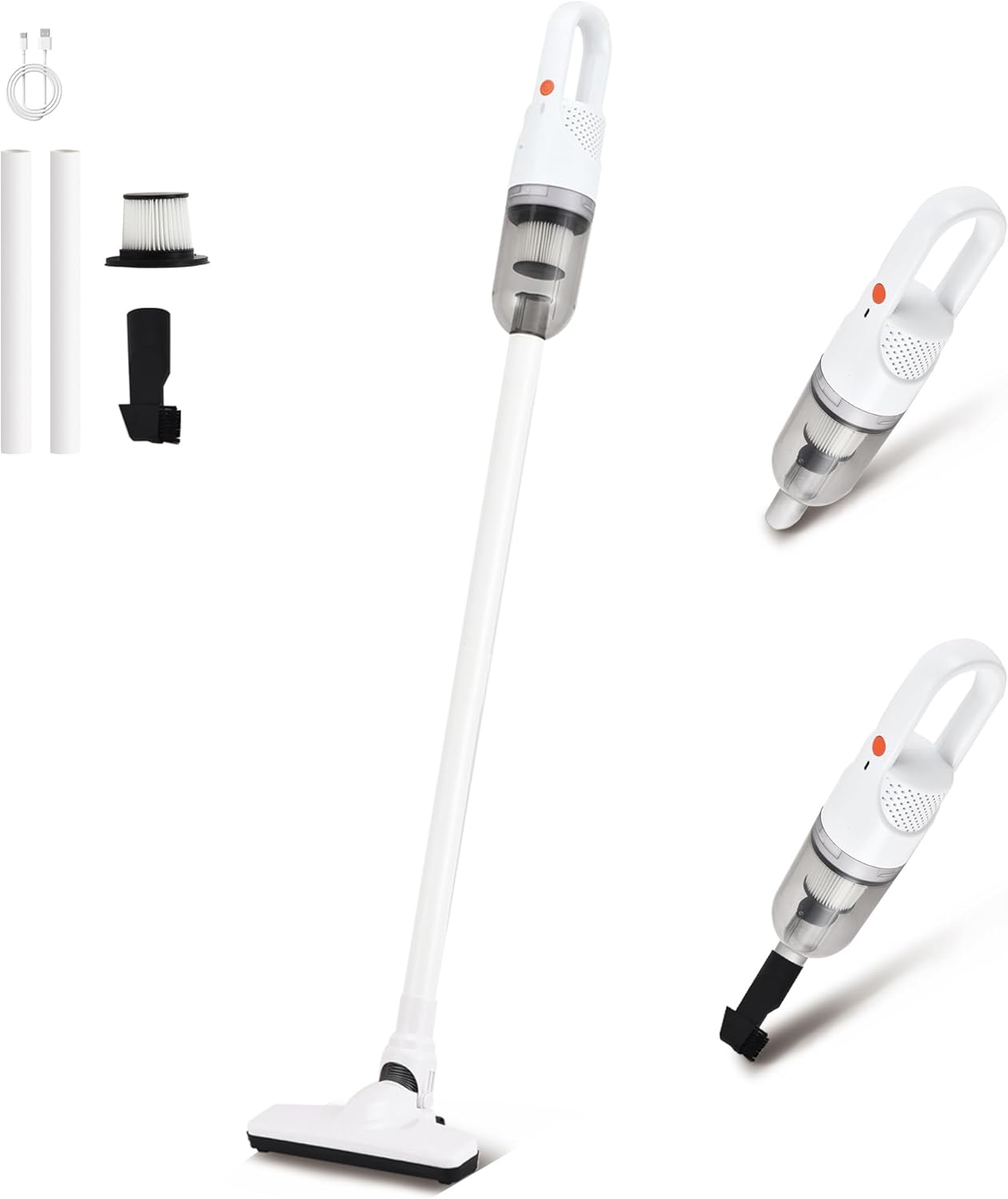 6-in-1 Lightweight Stick Vacuum Cleaner with 100W Powerful Motor, Mini Portable Household Handheld Vacuum Cleaner for Domestic Hard Floors, Carpets and Pet Hair (White Cordless)