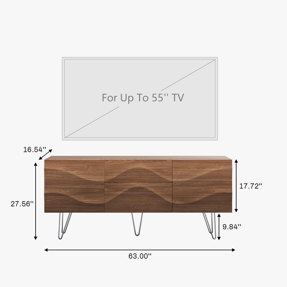 Wood Media Console, 63'' Mid Century TV Stand with Metal Legs, 4 Compartments & 2 Drawers, Unique Wave Design, Assembly-Free Living Room Tall-cast TV Cabinet for 55 inch TV