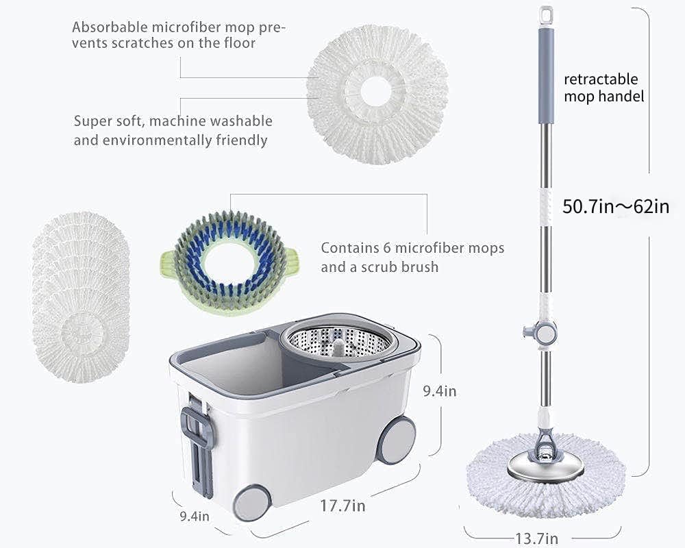 Spin Mop Bucket Deluxe 360 Spinning Floor Cleaning System with 6 Microfiber Replacement Head Refills