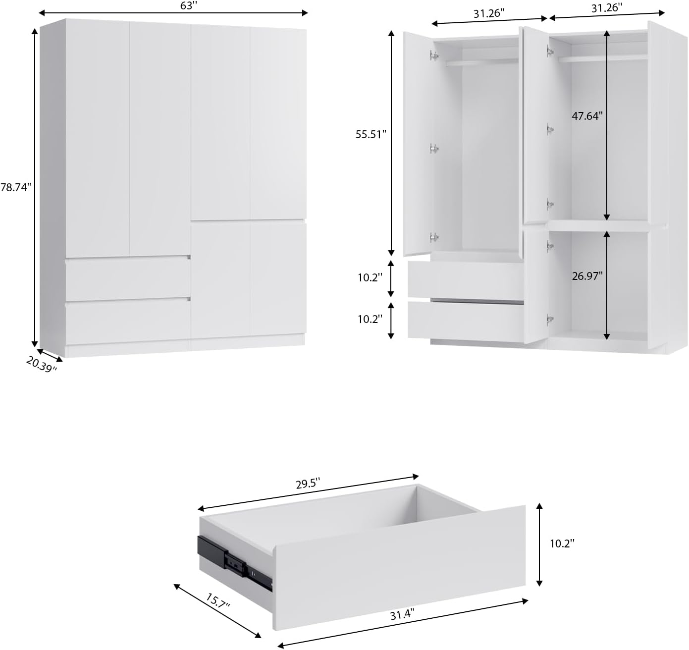 Armoire Wardrobe Closet with Doors and Drawers, 4 Door 2 Drawers White Bedroom Armoires Wooden Wardrobe Storage Cabinet 20.39" D x 63" W x 78.74" H