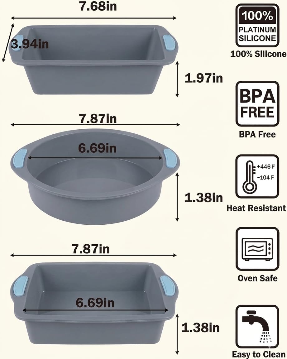 3-Piece Silicone Cake Pan Set for Air Fryer and Oven – Square, Rectangular and Round Non-Stick Baking Molds, Food-Grade, Heat Resistant & Easy Release -
