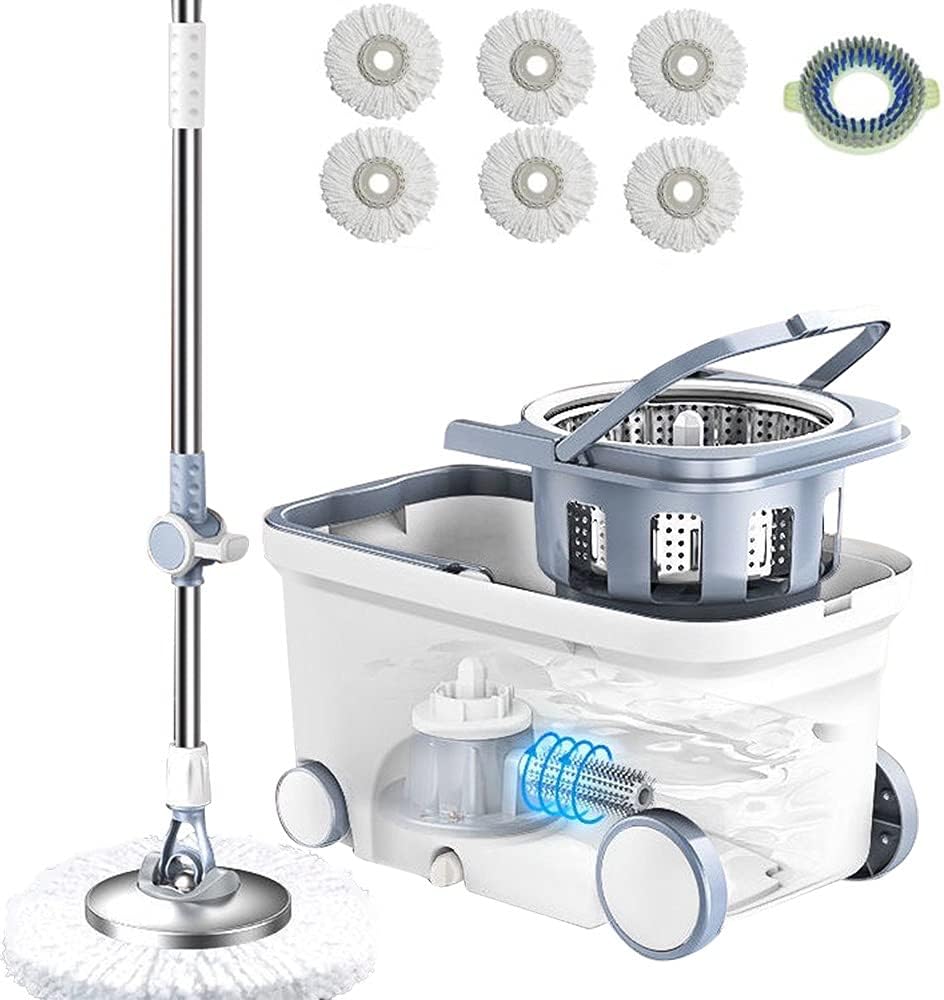 Spin Mop Bucket Deluxe 360 Spinning Floor Cleaning System with 6 Microfiber Replacement Head Refills