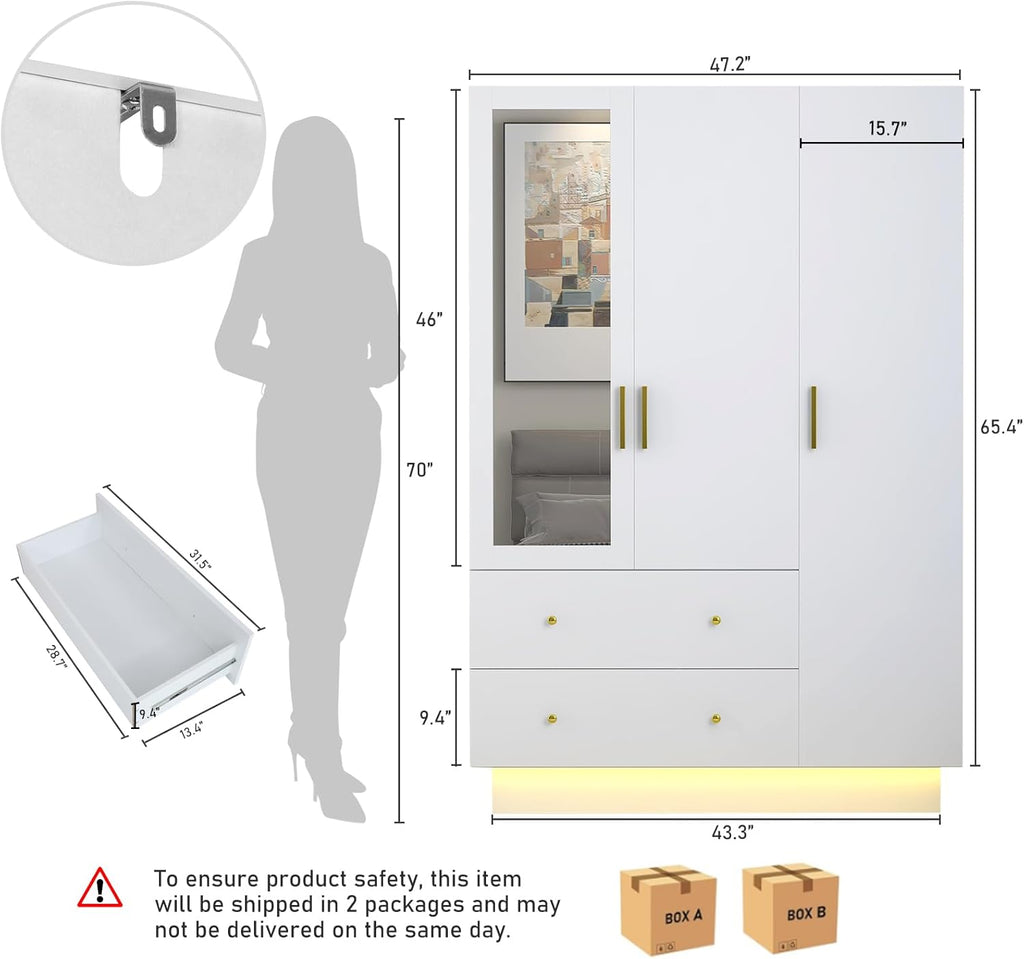 3 Door Wardrobe Closet with Mirror & LED Lights, Bedroom Armoire with Drawers & Shelves, Modern Wooden Armoire Wardrobe Closet with Hanging Rod for Bedroom, White