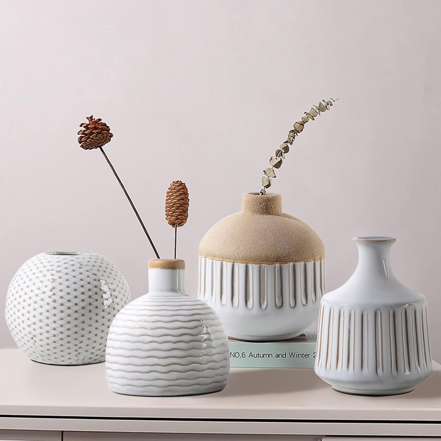 Minimalist Small Ceramic Vase Set of 4 for Bedroom Living Room Office Fireplace Centerpiece Antique White Vintage Farmhouse Rustic Retro Flower Vases Home Decor Gift for Fake Plants