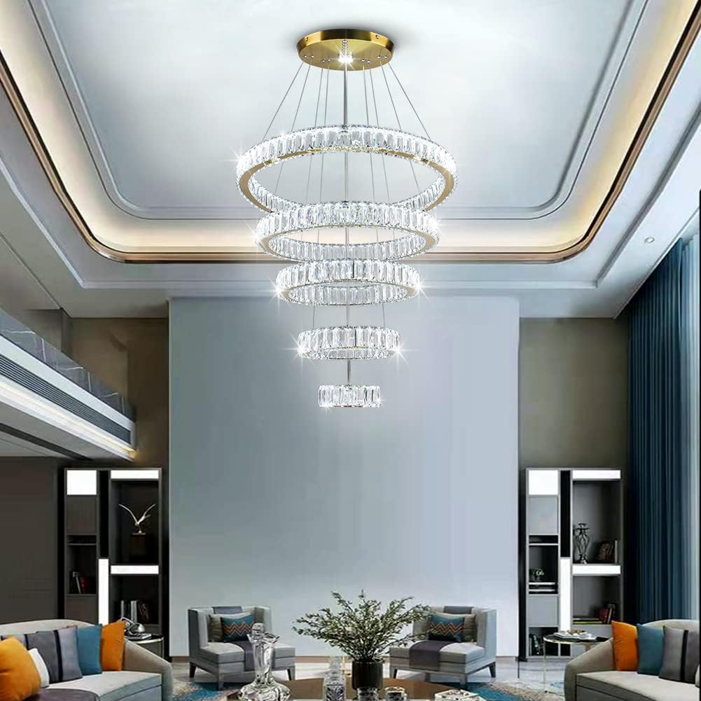 Modern Five-Ring LED Crystal Chandelier, Titanium Gold