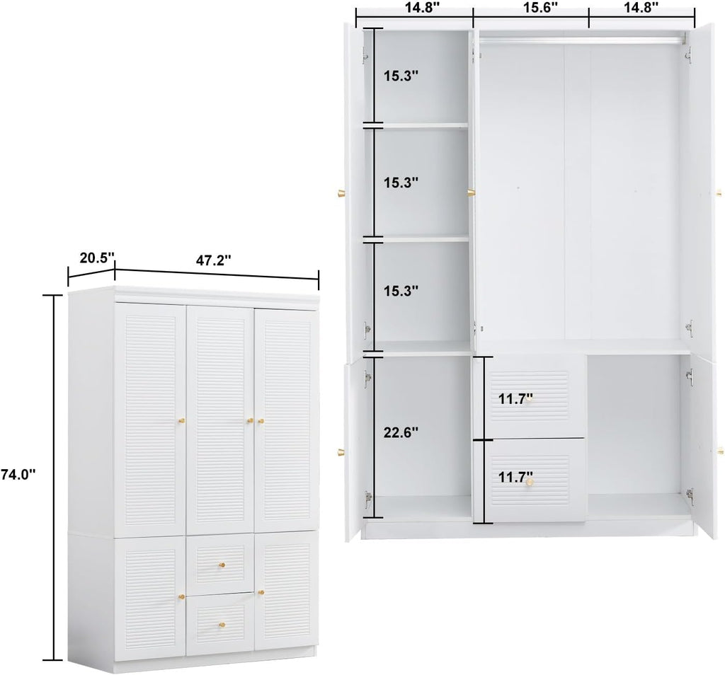 74.2" Armoire Wardrobe Closet Storage, Wood 3 Door 2 Drawers White Closet Cabinet for Large Capacity, Tall Cabinet Closet with Hanging Rod and 5 Storage 47.3" L x 20.3" W x 74.2" H