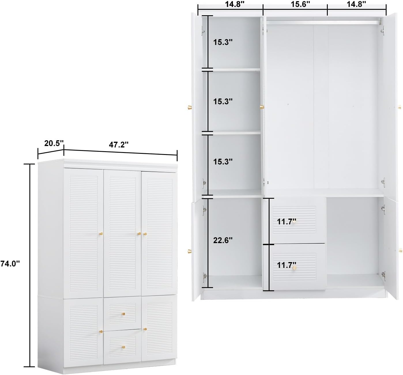 74.2" Armoire Wardrobe Closet Storage, Wood 3 Door 2 Drawers White Closet Cabinet for Large Capacity, Tall Cabinet Closet with Hanging Rod and 5 Storage 47.3" L x 20.3" W x 74.2" H