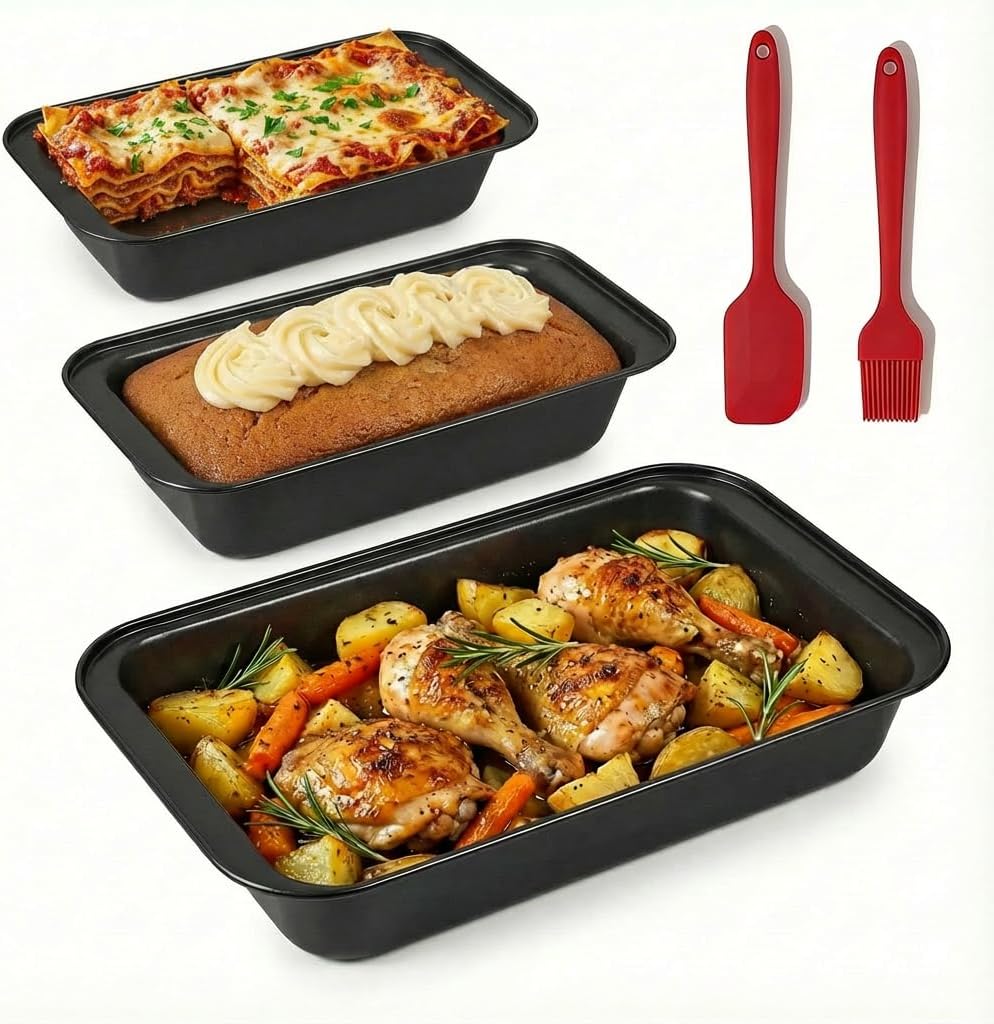 Baking Sheet Pan Set of 3, Nonstick Rectangle Bakeware, Oven Pan, Stackable Multi-Depth, Black, Rust & Warp Resistant, Easy Clean, Carbon Steel (3-Piece Set)