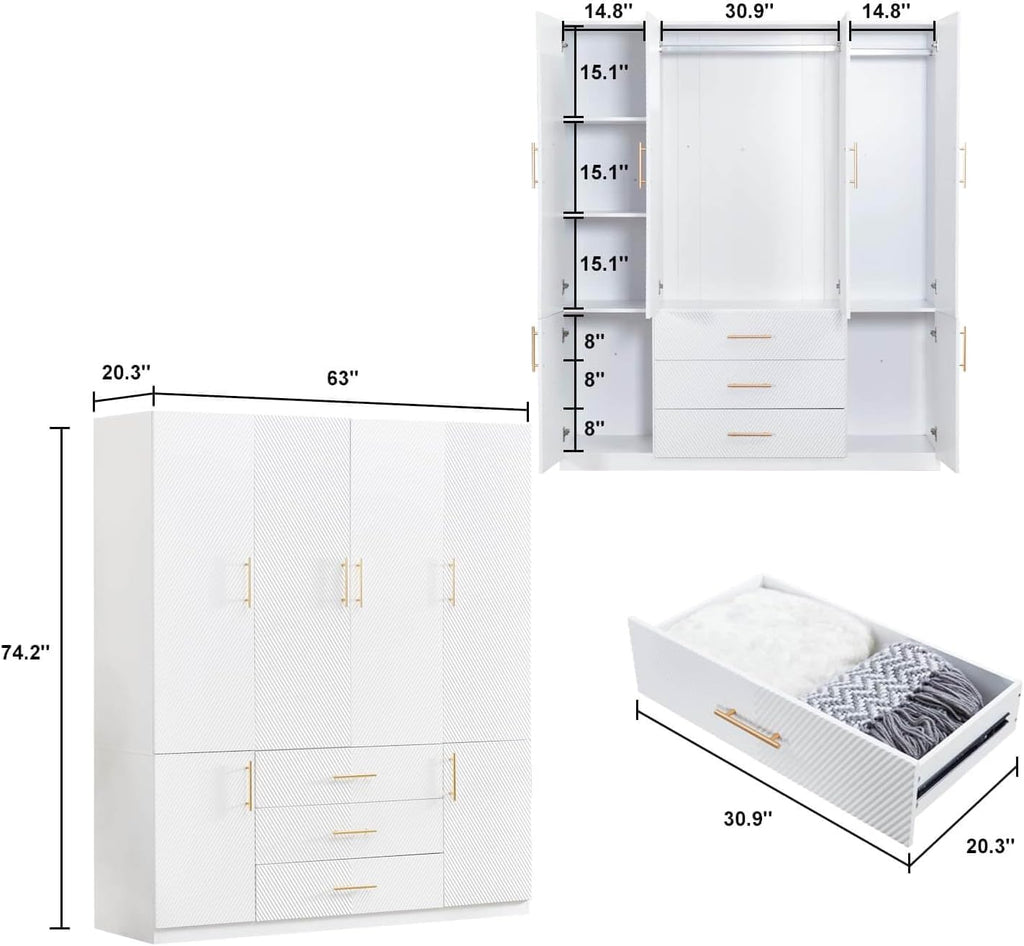4 Doors Armoire Wardrobe Closet, Bedroom Armoires Cabinet Wooden with Hanging Rod Inside Cabinet and Drawers