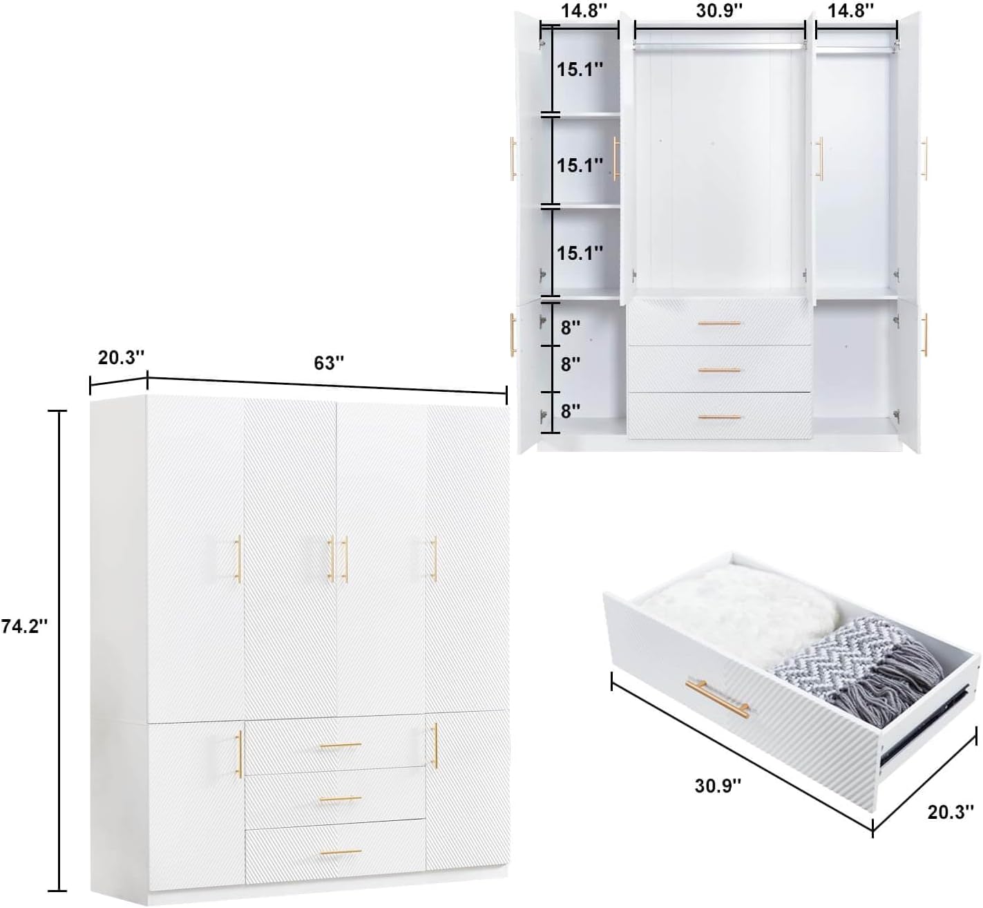 4 Doors Armoire Wardrobe Closet, Bedroom Armoires Cabinet Wooden with Hanging Rod Inside Cabinet and Drawers