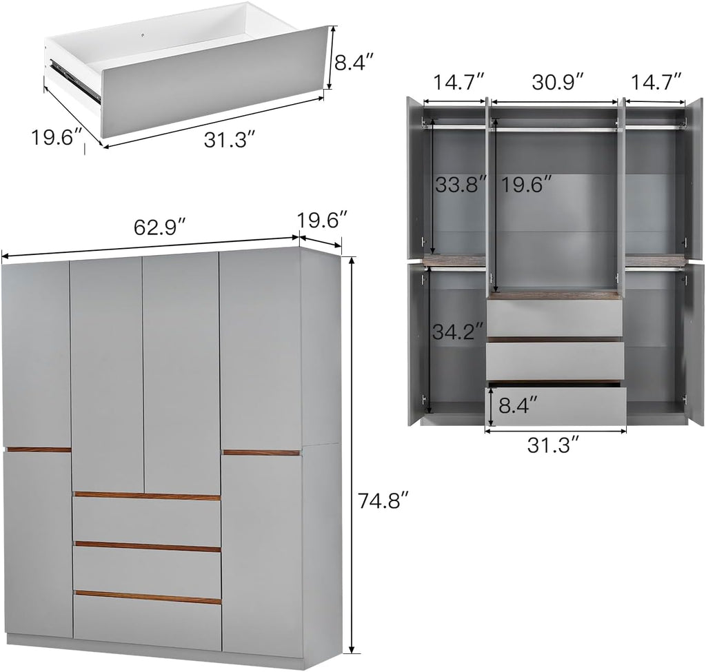 Wardrobe Closet Armoire Wardrobe Closet White Storage Cabinet Wooden Clothes Closets Cabinet Bedroom Armoires Cabinet with Hanging Rod Shelves