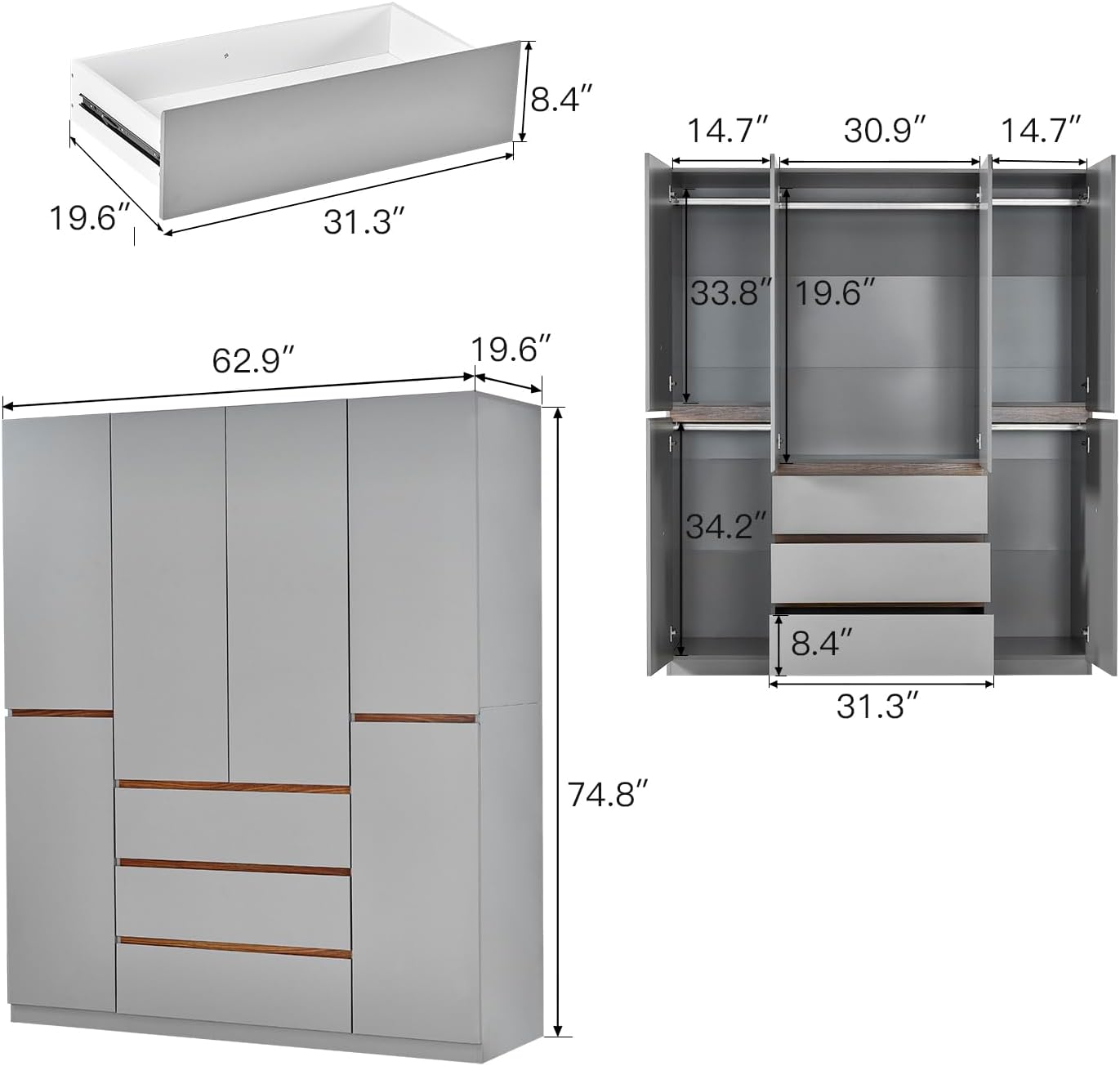 Wardrobe Closet Armoire Wardrobe Closet White Storage Cabinet Wooden Clothes Closets Cabinet Bedroom Armoires Cabinet with Hanging Rod Shelves