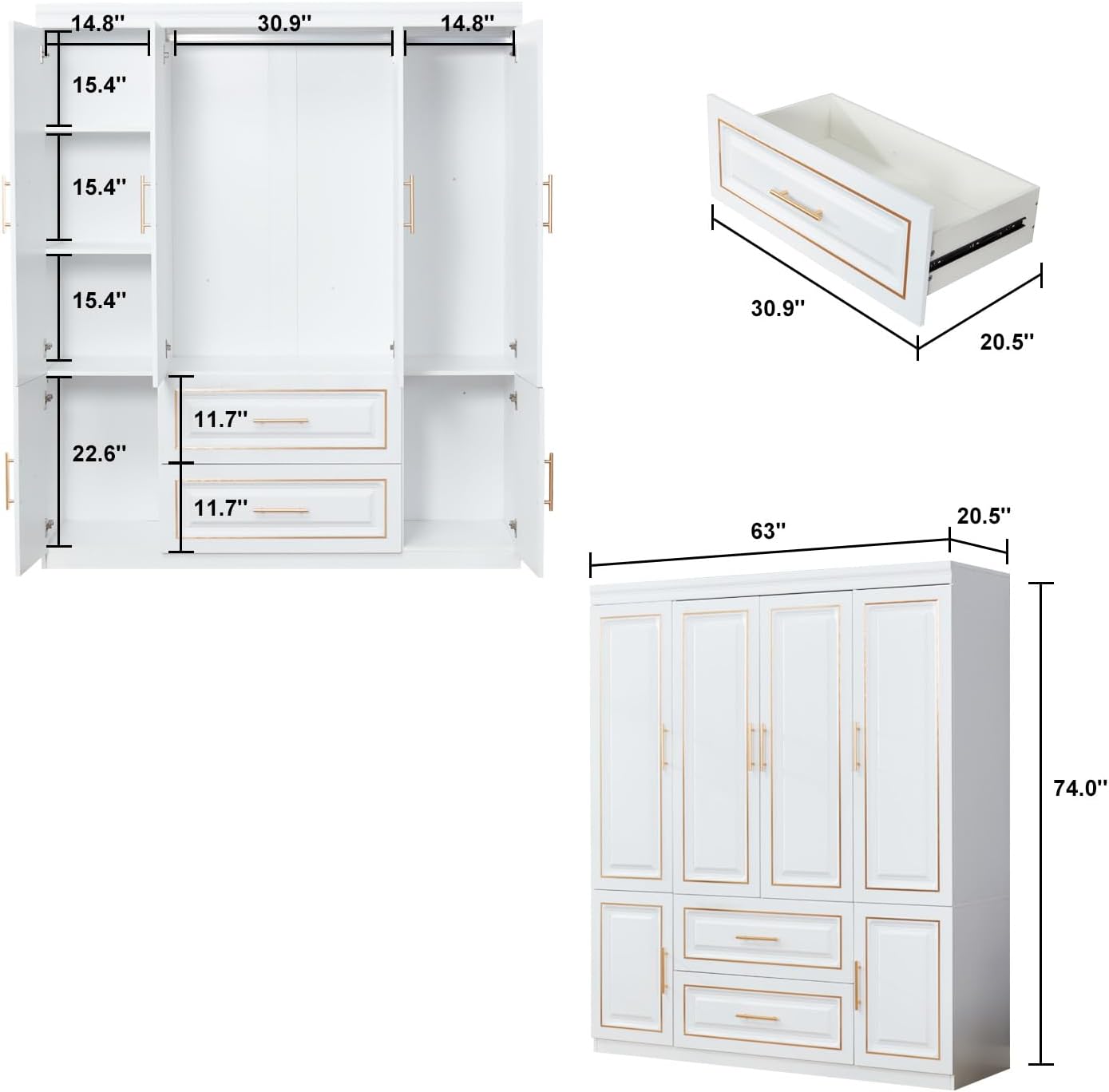 74" H Wardrobe Cabinet,Wardrobe Closet with 4 Doors, Armoire Wardrobe Closet with Storage Drawers, Clothing Rod and Shelves, Bedroom Armoires with Gold Decorative Border, Armoire
