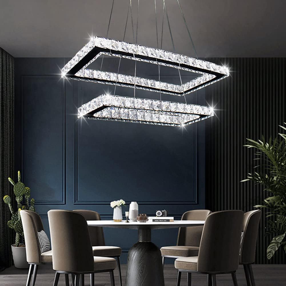 Modern Rectangular Double-Ring Crystal Chandelier