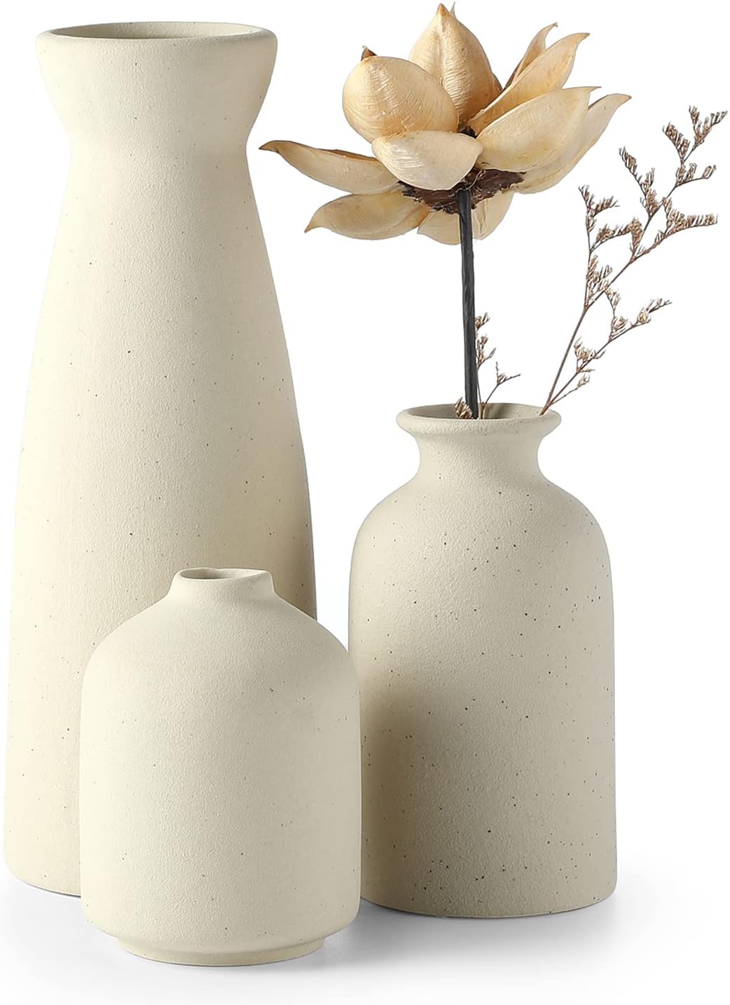 Beige Ceramic vase Set-3 Small Flower vases for Decor,Modern Boho Farmhouse Home Decor,Decorative vase for Pampas Grass&Dried Flowers,idea Shelf,Table,Bookshelf ，Entryway- Distressed