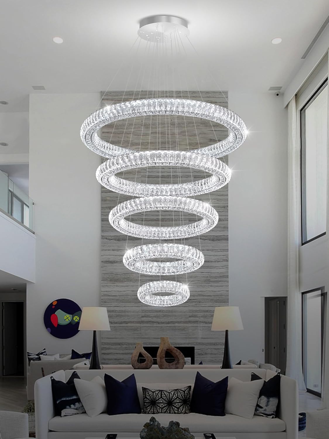 5-Ring Modern Crystal LED Pendant Light, Diameter 8 Inches to 39.4 Inches