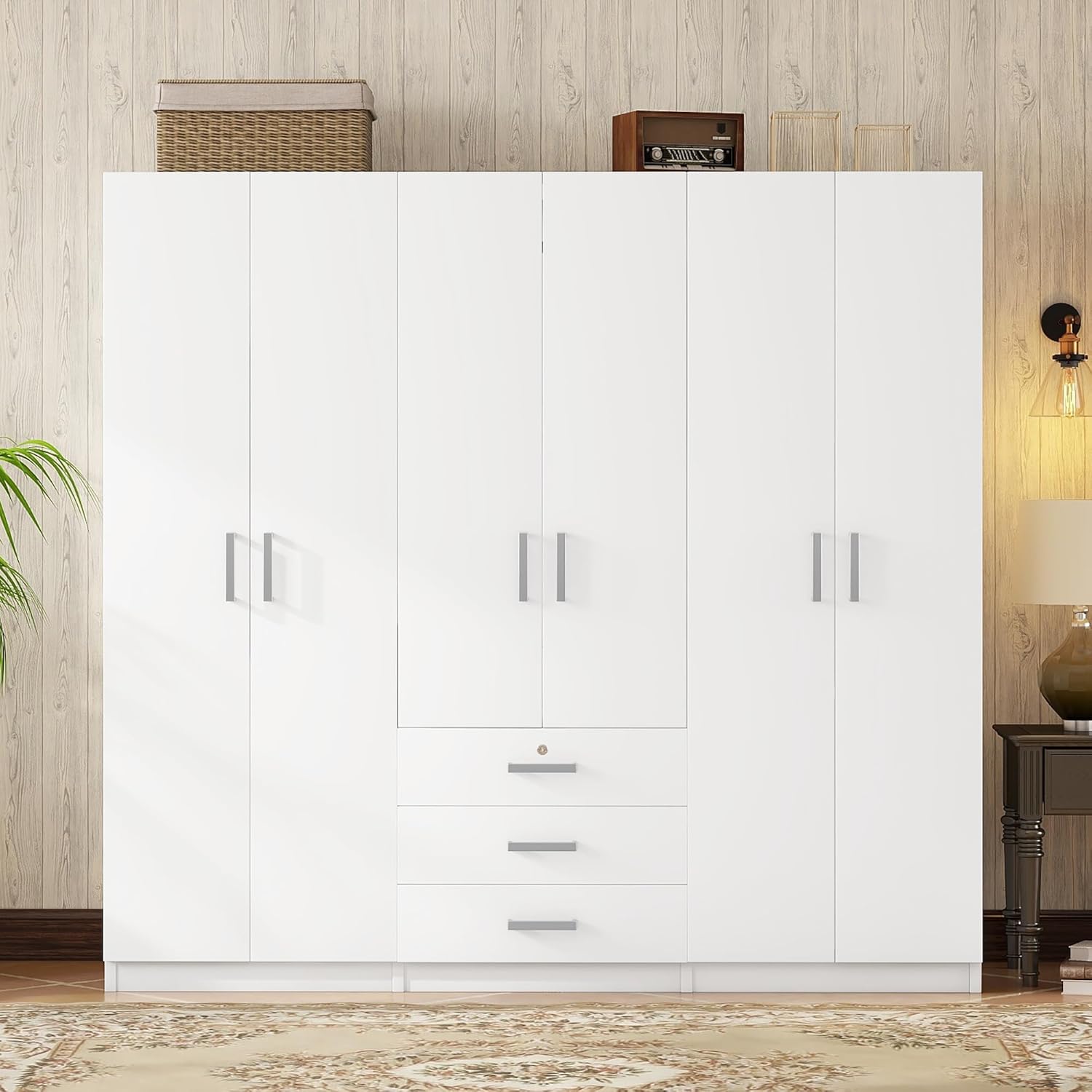 Wooden Wardrobe Closet Organizer with Big Drawers, Hanging Rail and Shelves 6 Doors Clothes Storage Cabinet for Bedroom, White