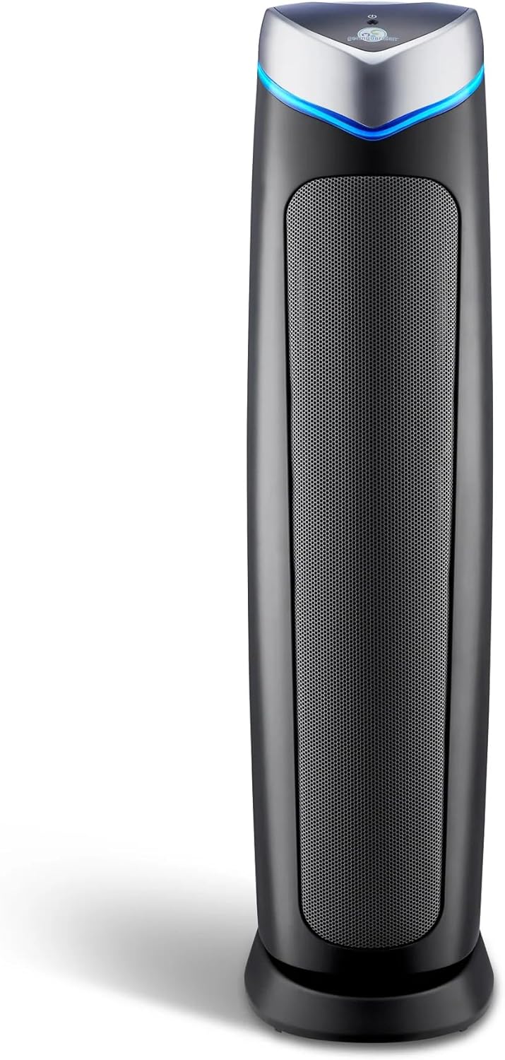 5-in-1 air purifier suitable for rooms up to 915 sq ft. Air purifier, 28-inch tower model, equipped with pet air filter, UV-C germicidal lamp, and deodorization function