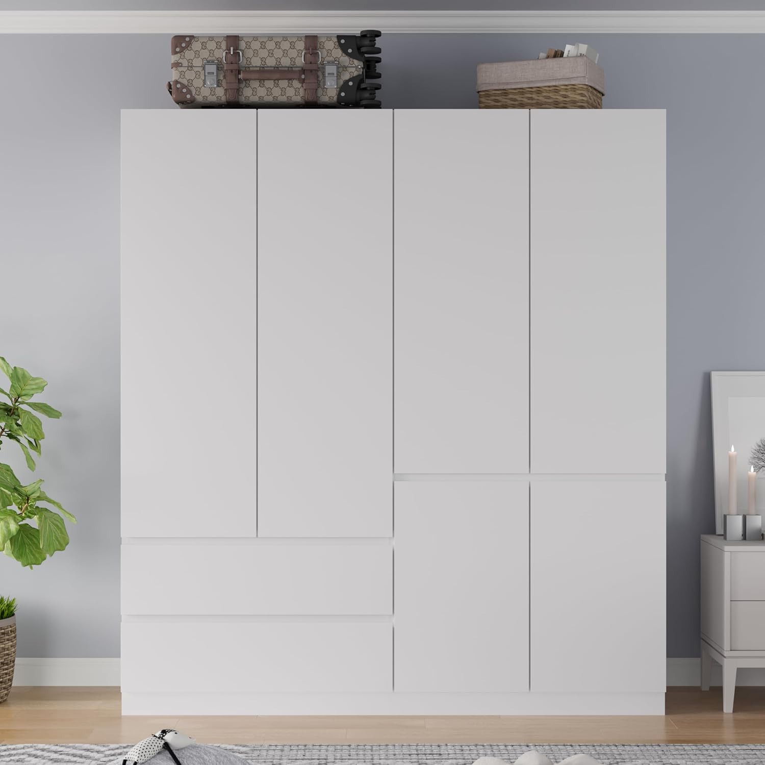 Armoire Wardrobe Closet with Doors and Drawers, 4 Door 2 Drawers White Bedroom Armoires Wooden Wardrobe Storage Cabinet 20.39" D x 63" W x 78.74" H