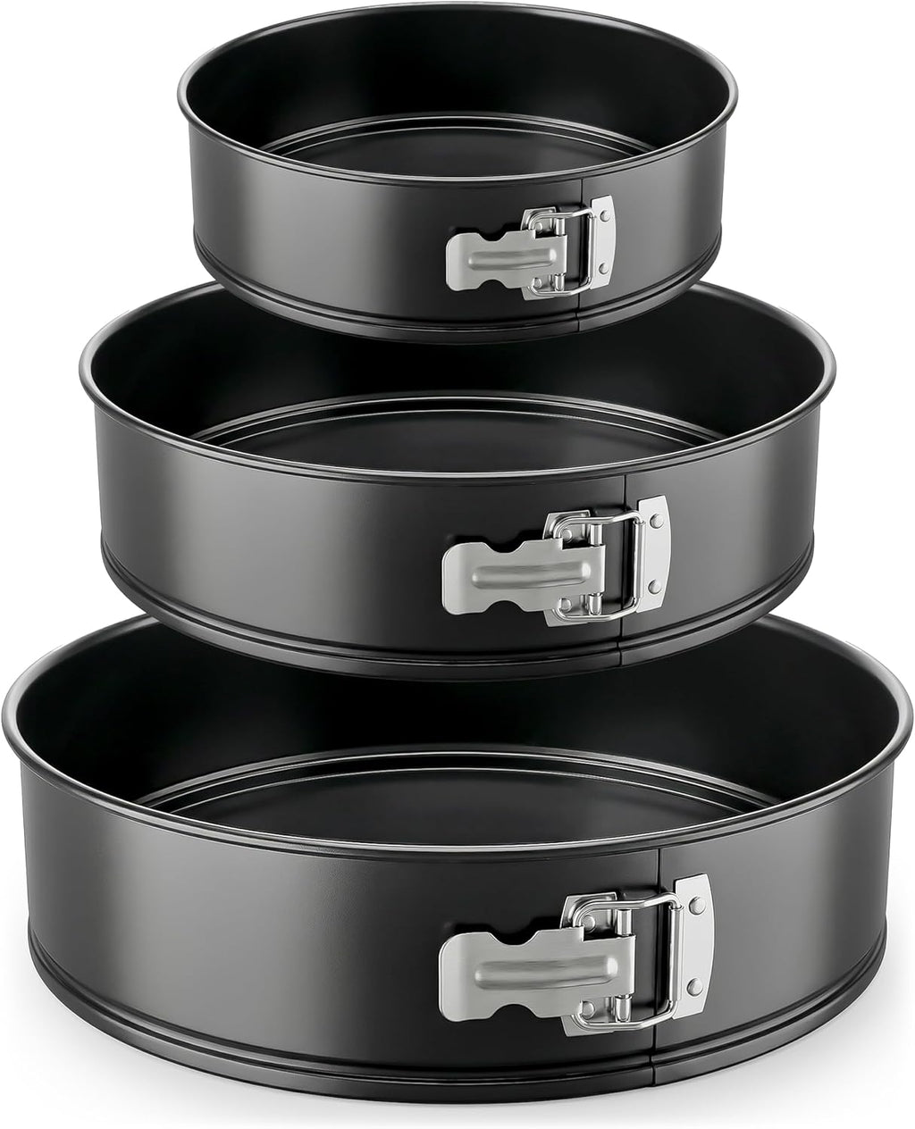 3-Piece Nonstick Springform Pan Set - Premium Carbon Steel Cheesecake Pans with Stainless Steel Clasp - 6", 8", 10" Sizes, Oven Safe up to 450°F - Includes 300pcs Parchment Paper (Black)