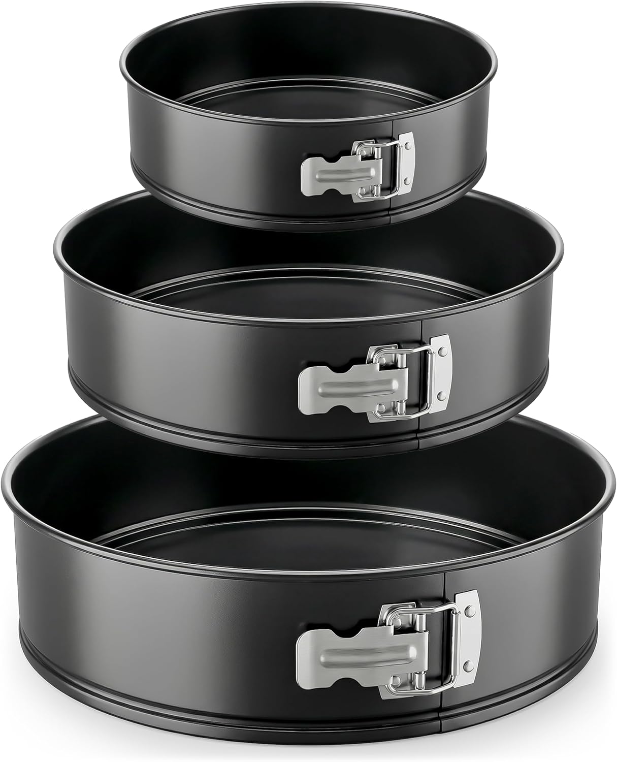 3-Piece Nonstick Springform Pan Set - Premium Carbon Steel Cheesecake Pans with Stainless Steel Clasp - 6", 8", 10" Sizes, Oven Safe up to 450°F - Includes 300pcs Parchment Paper (Black)