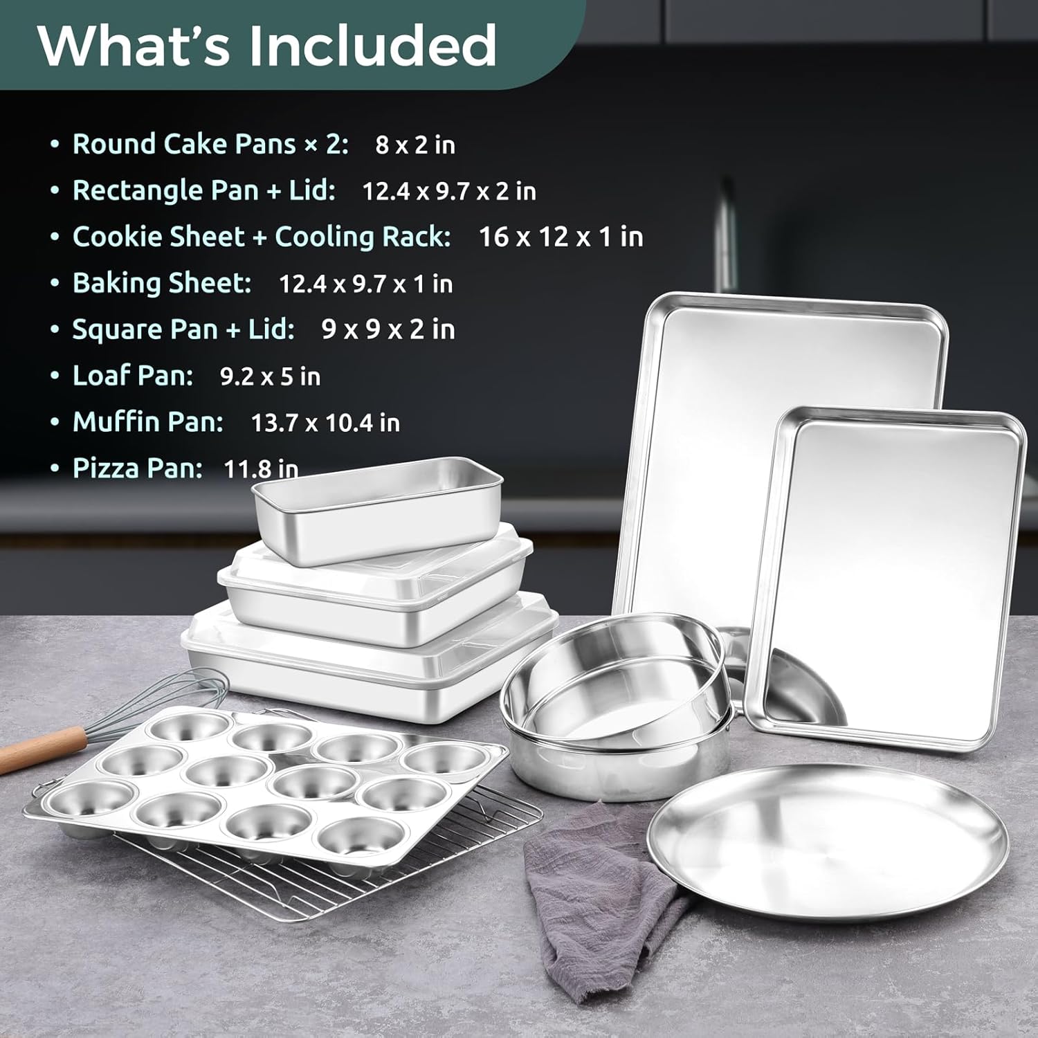 12-Piece Bakeware Sets, Stainless Steel Baking Pan Set Includes Cookie Sheet, Round Square Rectangle Cake Pans with Lids, Multi-Functional for Loaf Muffin Pizza, Non-toxic & Dishwasher Safe