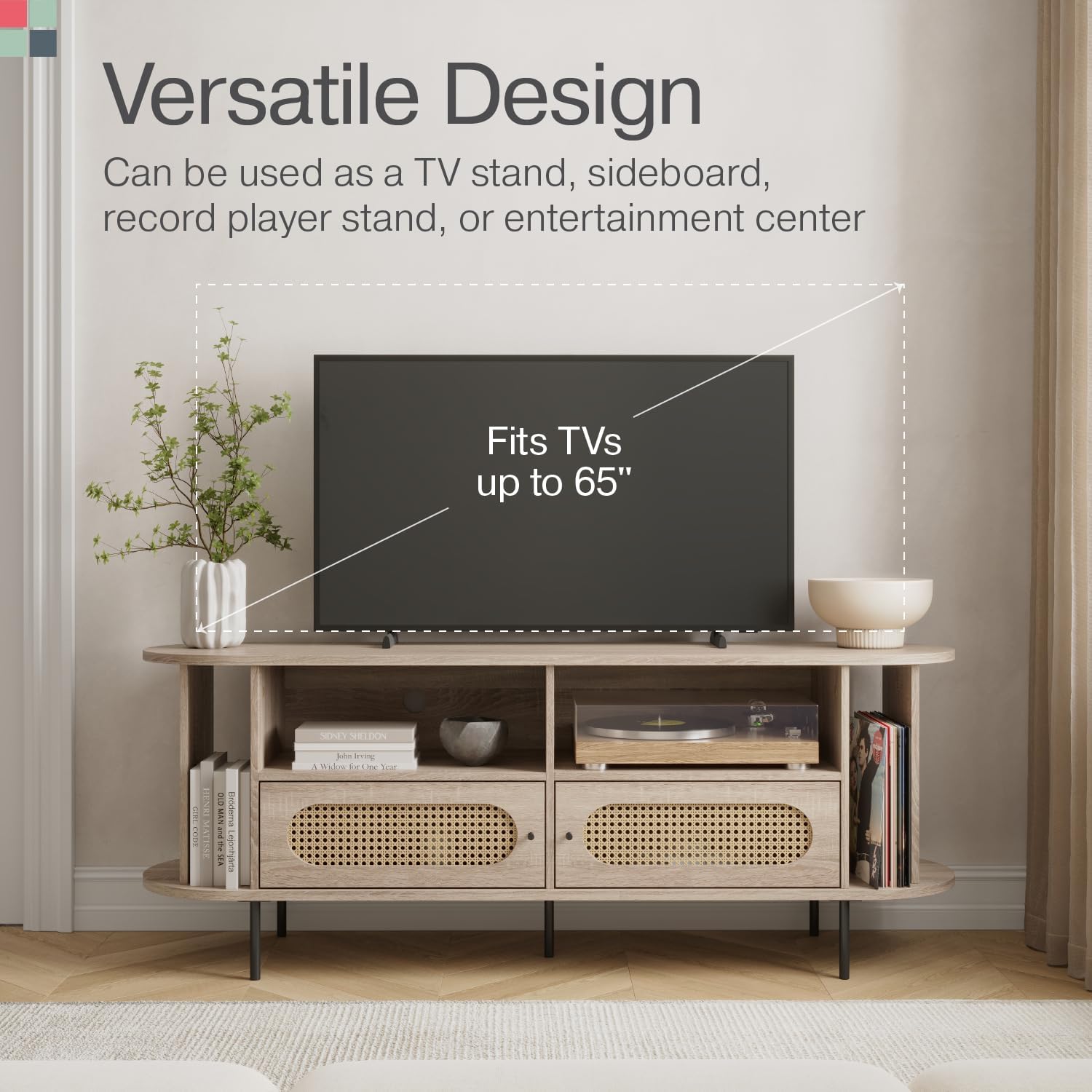 Oval Rattan TV Stand - Media Console - 63" TV Entertainment Center with Storage - Console Table for Living Room and Bedrooms - Supports 32 to 65" TVs - Soft-Close Cabinet Doors (Light Oak)