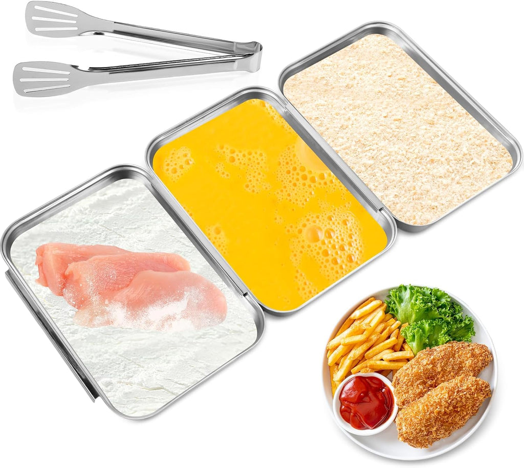 3 Set Stainless Steel Breading Trays Set with Clip Breading Pans with Tong for Marinating Meat, Chicken, Fish Coating Trays Can Be Applied to Baking Cake Oven Safe