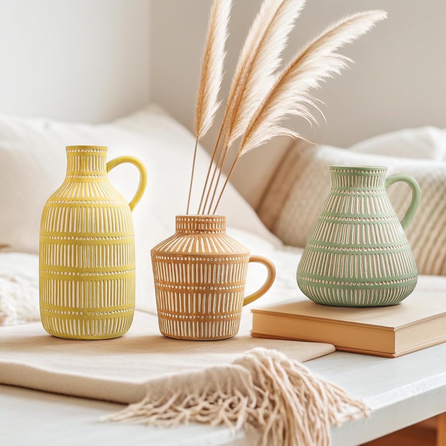 Ceramic Vase Set of 3 for Living Room Bedroom Modern Yellow Brown Green Fake Flower Plant Vases for Home Decor Office Centerpieces Antique Retro Rustic Farmhouse Vintage Classic Gift