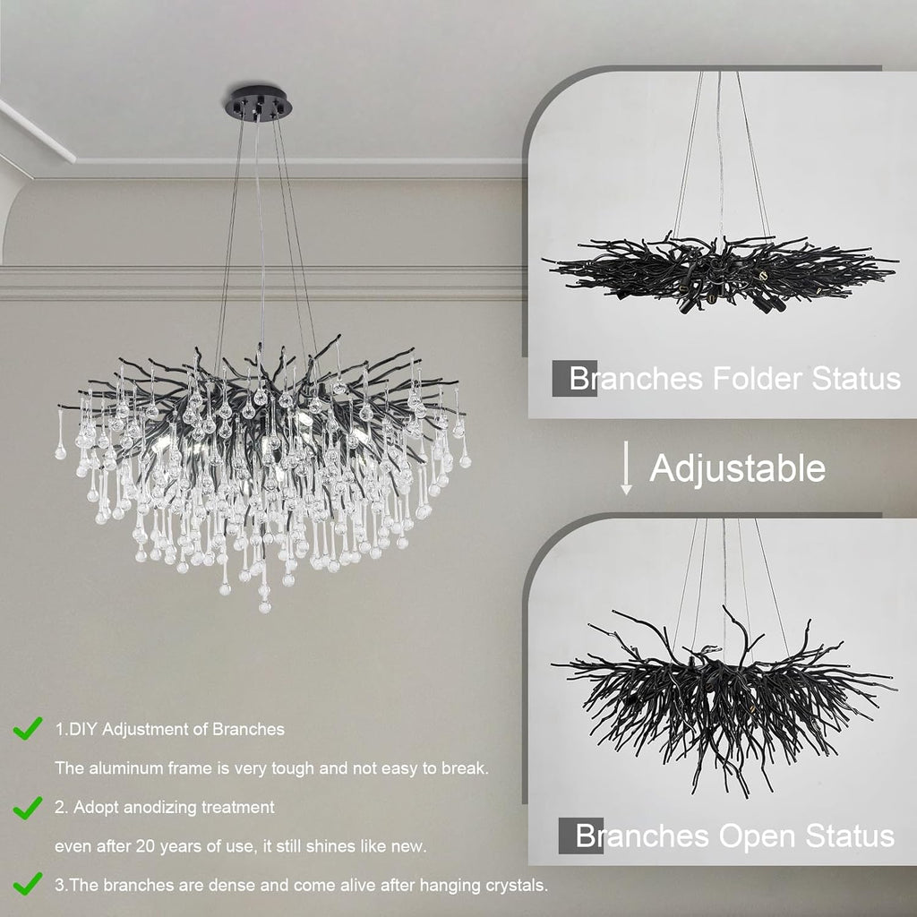 23.6-inch Modern Black Crystal Raindrop Chandelier
