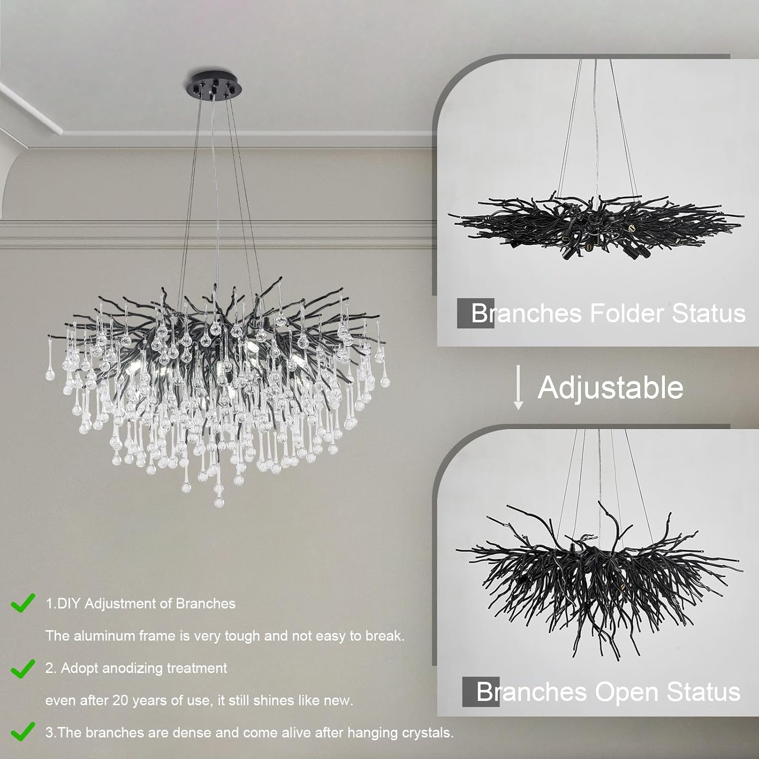 23.6-inch Modern Black Crystal Raindrop Chandelier