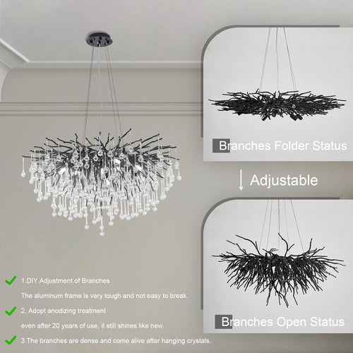 23.6-inch Modern Black Crystal Raindrop Chandelier