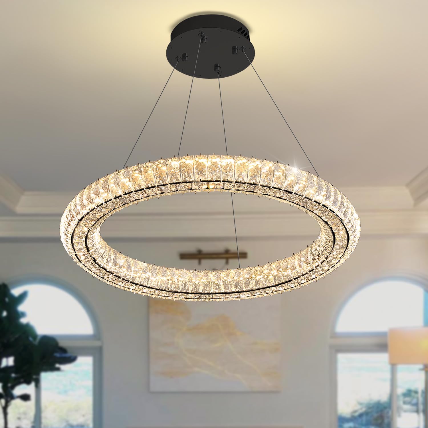 23.6-inch Dimmable Black Crystal Ring Pendant Light