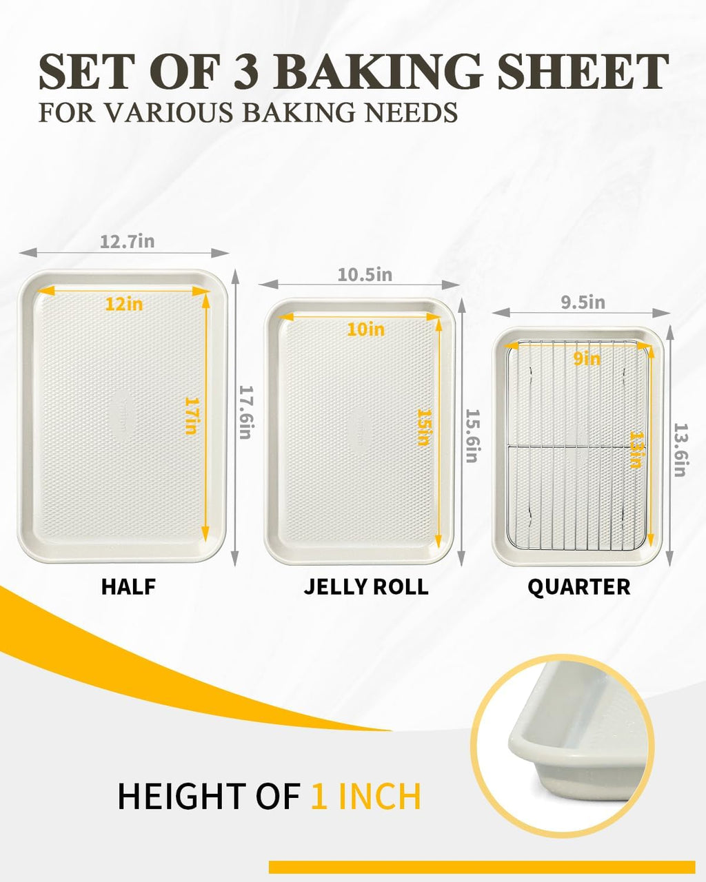 3-Piece Baking Sheet Set with Wire Rack - Half/Quarter/Jelly Roll Pans (12x17/9x13/10x15 Inch), Nonstick 0.8mm Carbon Steel, Cookie Sheets for Baking, Dishwasher Safe, Oven Safe 450°F