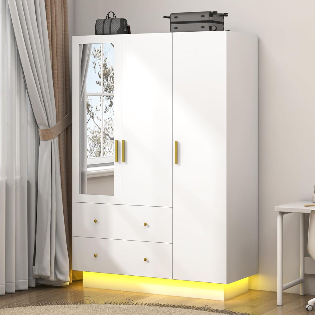 3 Door Wardrobe Closet with Mirror & LED Lights, Bedroom Armoire with Drawers & Shelves, Modern Wooden Armoire Wardrobe Closet with Hanging Rod for Bedroom, White