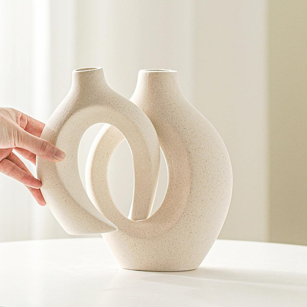 Hollow Ceramic Vase Set of 2, Nordic Modern Boho ins Style Decorative Ceramic Aesthetic Flower Vase for Home Decor (Milky White W 6.3" X H 8.4")