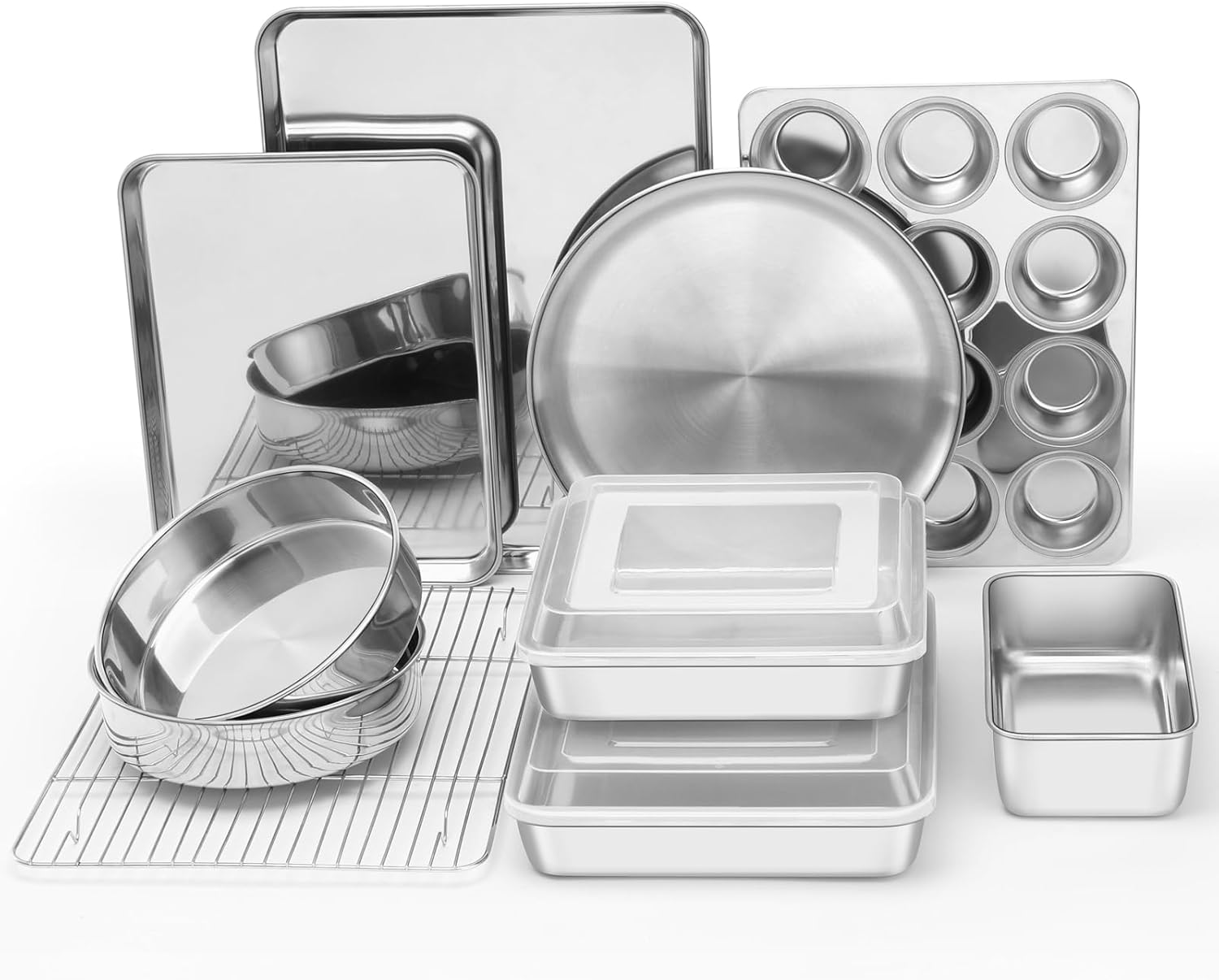 12-Piece Bakeware Sets, Stainless Steel Baking Pan Set Includes Cookie Sheet, Round Square Rectangle Cake Pans with Lids, Multi-Functional for Loaf Muffin Pizza, Non-toxic & Dishwasher Safe