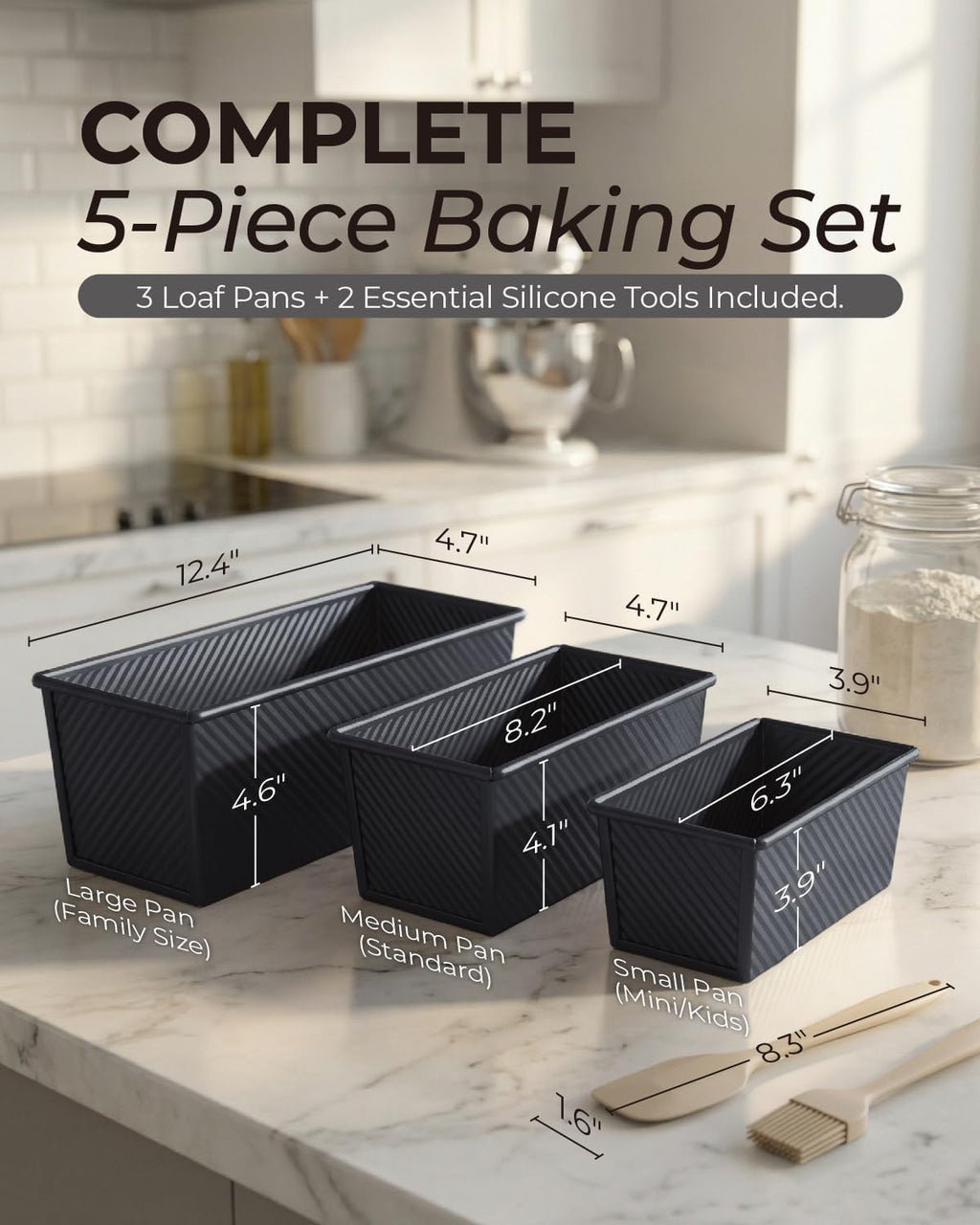 3-Piece Pullman Loaf Pan with Lid Set – Non-Stick Carbon Steel Bread Pan with Bottom Vents – Includes Large (12.4"), Medium (8.2") & Mini (6.3") Sizes plus Silicone Tools – Classic Black