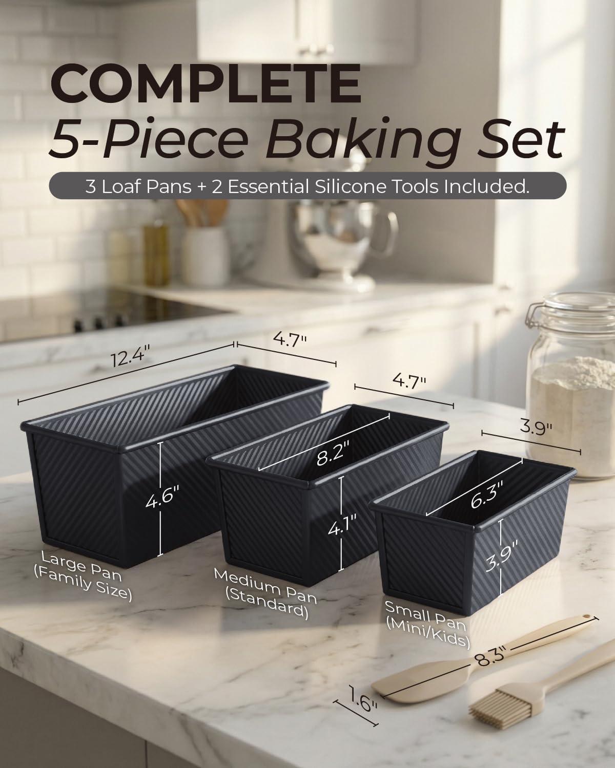 3-Piece Pullman Loaf Pan with Lid Set – Non-Stick Carbon Steel Bread Pan with Bottom Vents – Includes Large (12.4"), Medium (8.2") & Mini (6.3") Sizes plus Silicone Tools – Classic Black