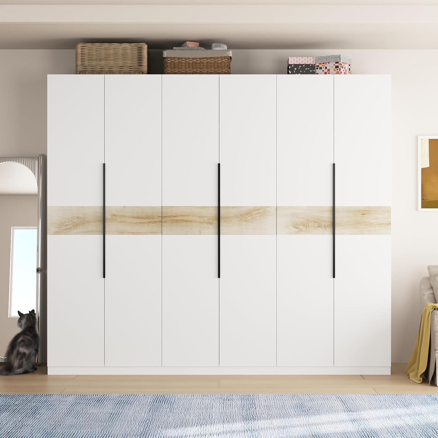 Large Wardrobe Closet 6 Doors, 94.4" W Wardrobe Clothes Organizer with Drawers & 4 Hanging Rods, Wooden Wardrobe Armoire Cabinet for Bedroom Storage, White Type E (94.4" W x 23.6" D x 82.7" H)