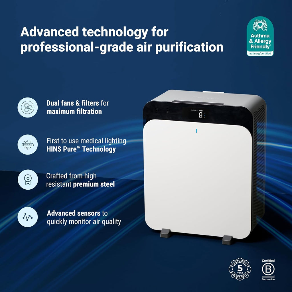 High-end home air purifier, pet-specific air purifier, removes allergens, cleanses large rooms, removes viruses and bacteria.