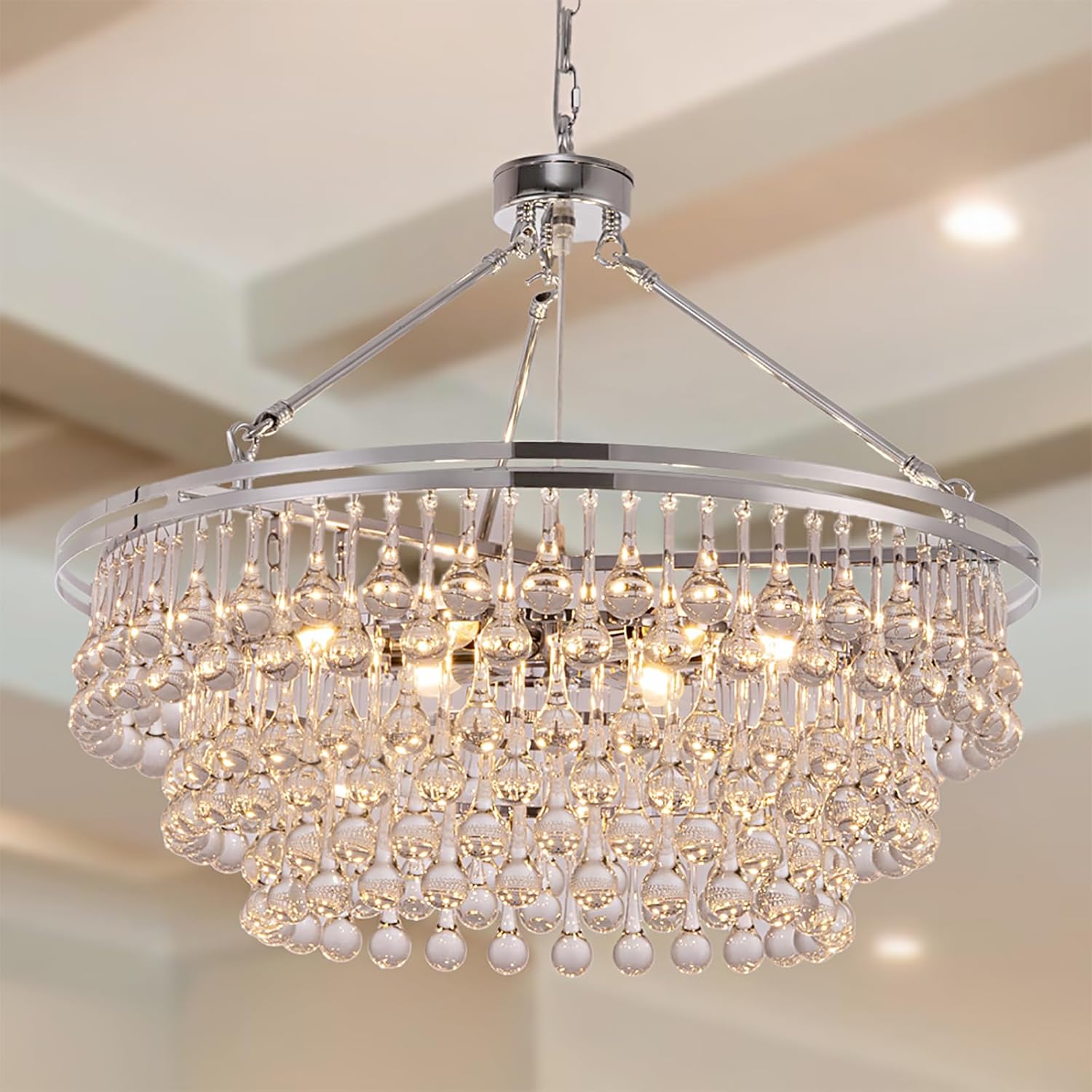 24-inch Modern 6-Light Three-Layer Chrome-Plated Crystal Chandelier