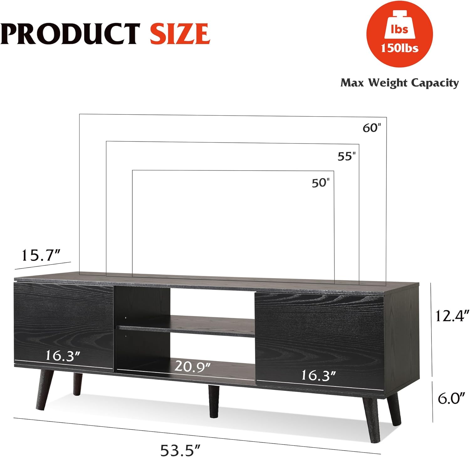 TV Stand for 55 60 inch TV, Entertainment Center with Storage Cabinets, Rustic TV Console for Living Room Decor, Black