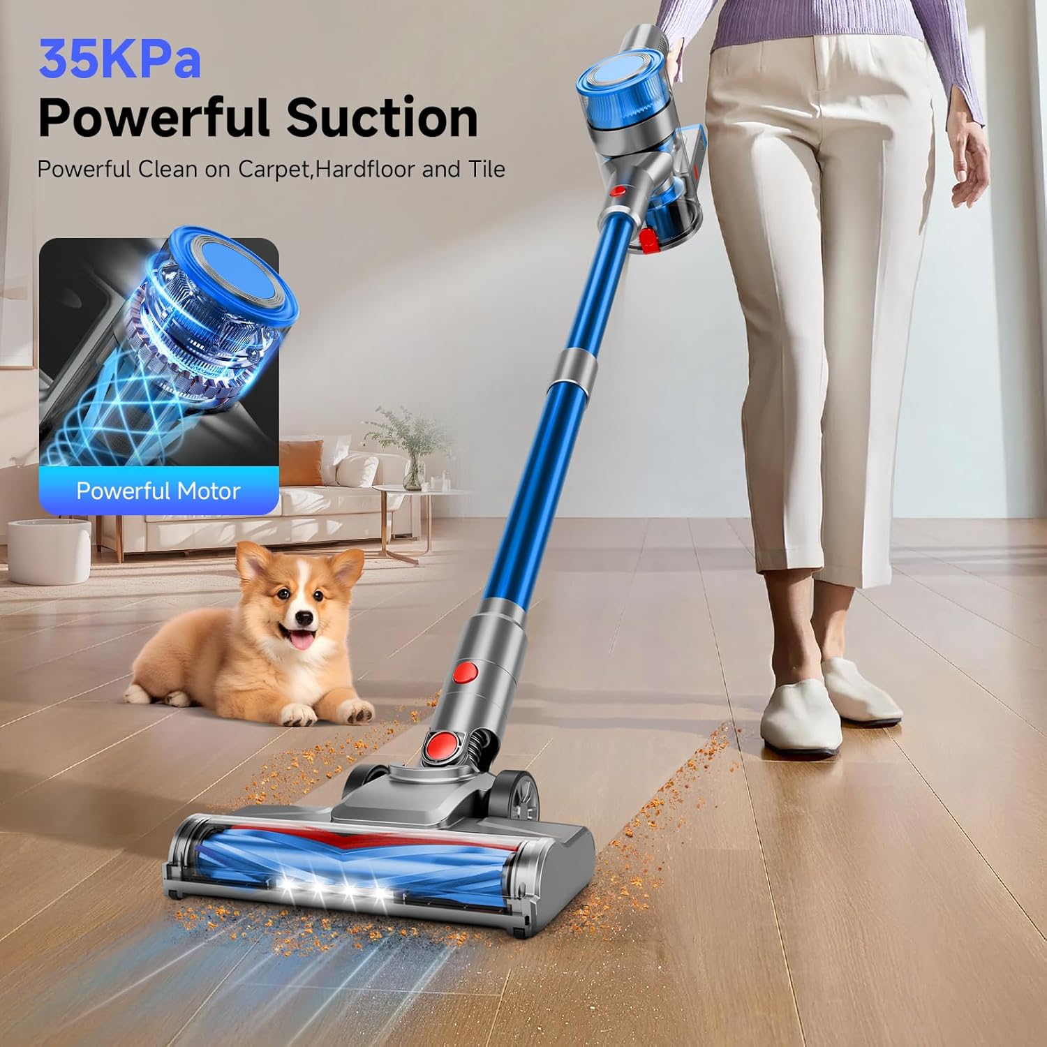 Cordless Vacuum Cleaner, Powerful Stick Vacuum Cleaner for Home with Rechargeable Battery, 6-in-1 Lightweight Handheld Vacuum, 45 Mins Runtime for Hardfloor & Carpets Pet Hair (Blue)
