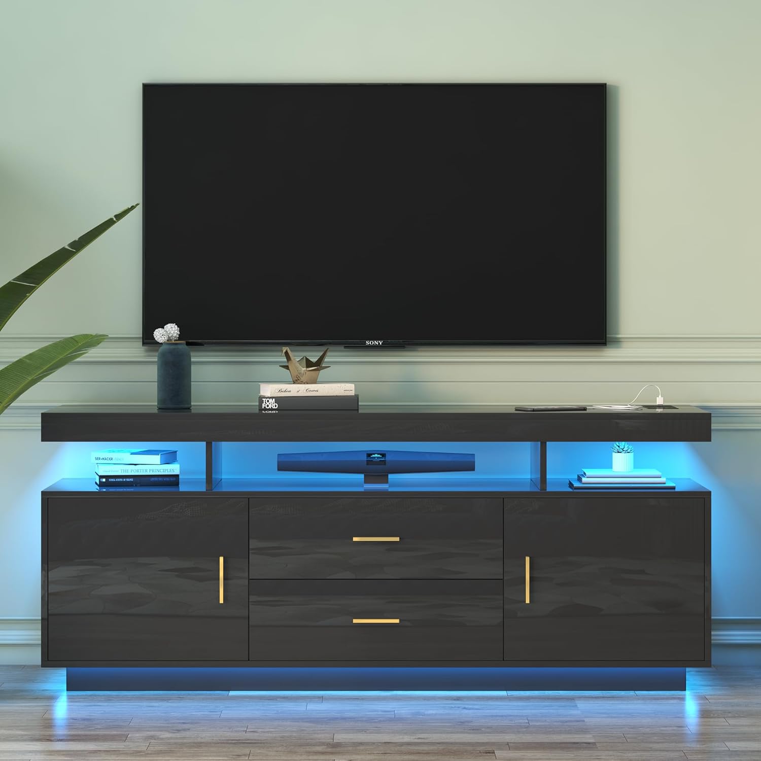 High Gloss Entertainment Center with 3-Colors Lighting, LED Modern TV Stand for 65+ inch TV, Home Storage Cabinet, Console Media Cabinet for Living Room (Pearl Black)