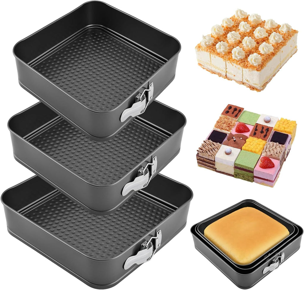 Springform Pan Set of 3 (9,10,11 Inch) - Square Shaped Leakproof Cheesecake Pans with Removable Bottom, Nonstick Carbon Steel Cake Tin for Valentine‘s Day, Anniversary Baking (Square)