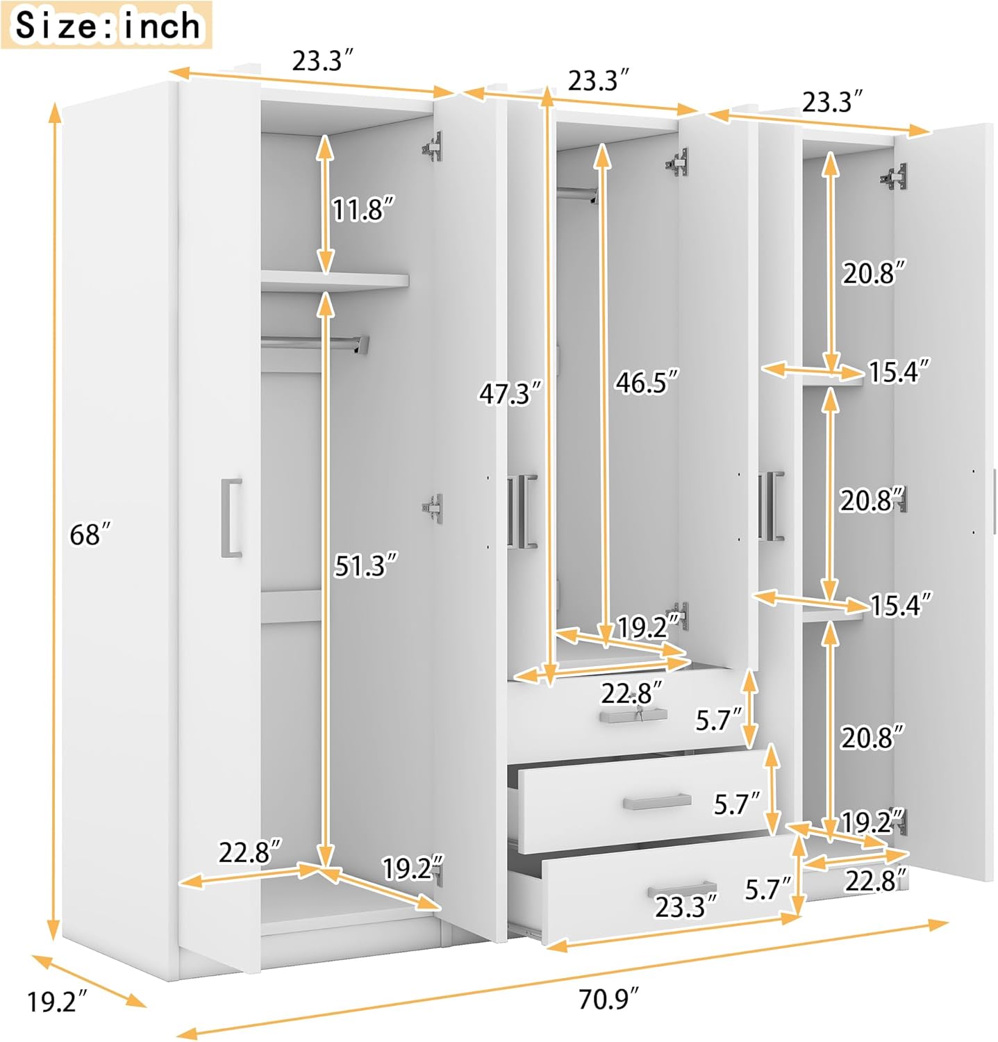 Wooden Wardrobe Closet Organizer with Big Drawers, Hanging Rail and Shelves 6 Doors Clothes Storage Cabinet for Bedroom, White