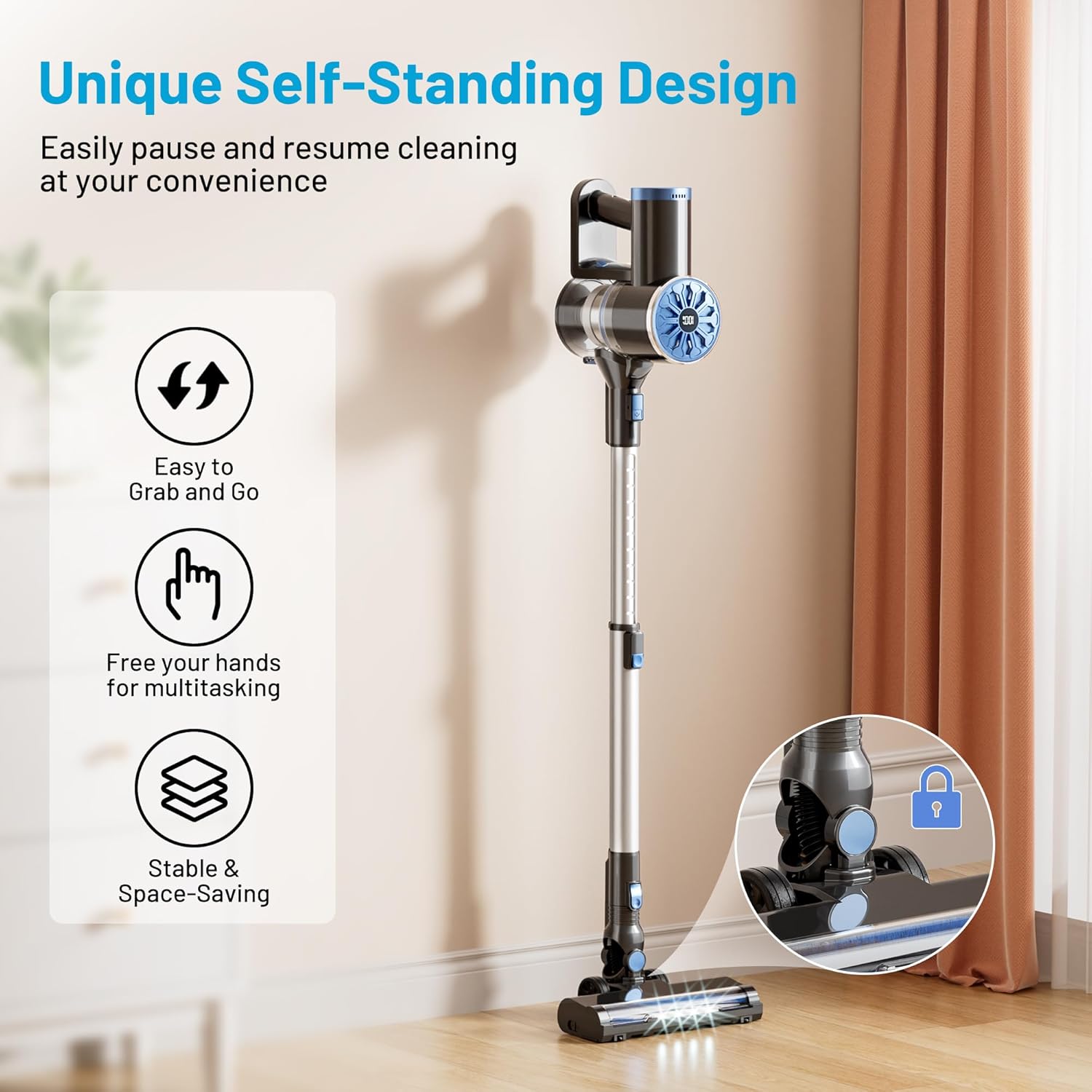 Cordless Vacuum Cleaner with Self-Standing, LED Screen Stick Vacuum Cleaners for Home, Lightweight Powerful Suction Vacuum, 6-in-1 Rechargeable Vacuum for Carpets, Pet Hair, Hardwood Floors