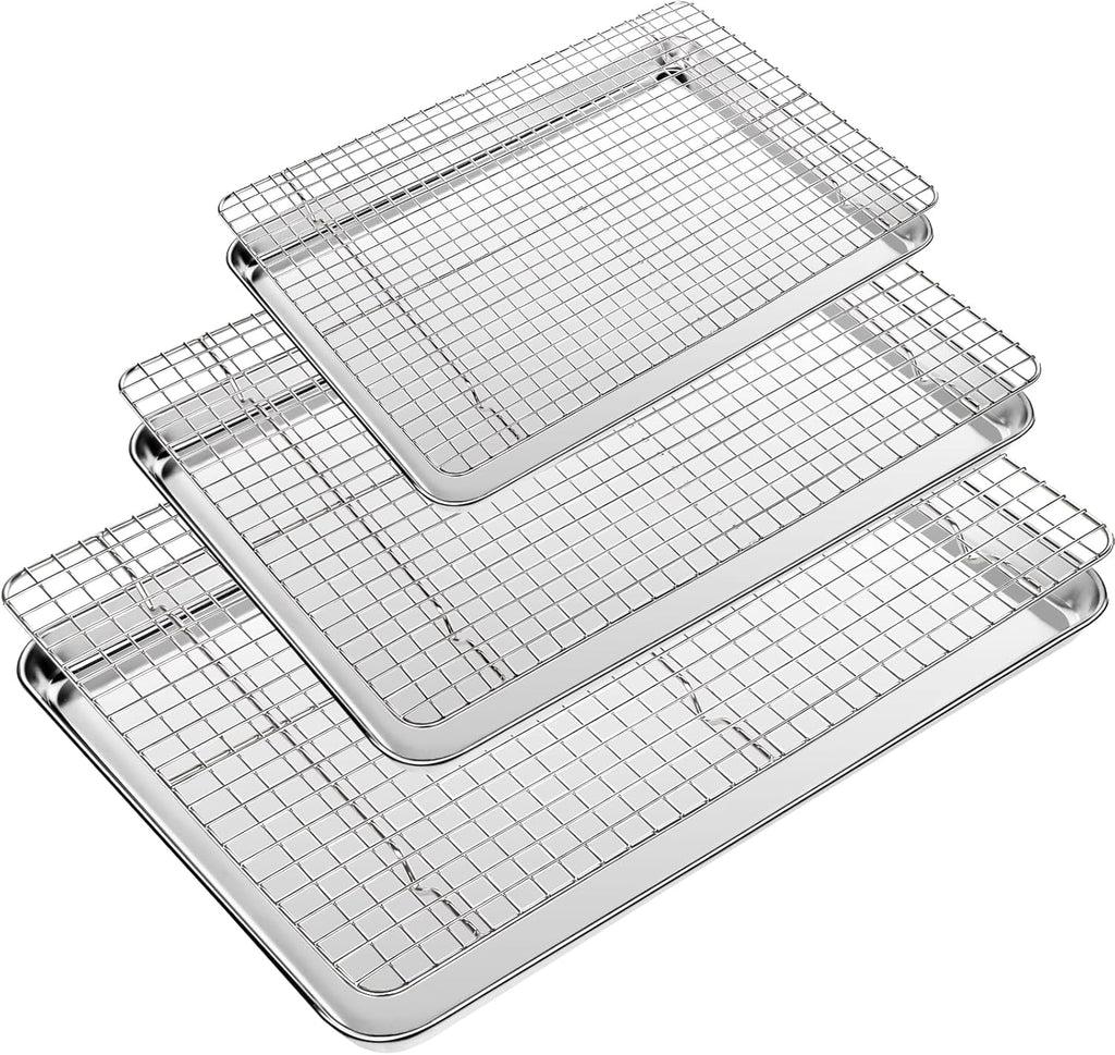 Baking Sheet with Wire Rack Set of 6 (3 Cookie Sheets for baking + 3 Cooking Racks), Stainless Steel Stainless Steel Baking Pans Set with Cooling Rack - Heavy Duty & Dishwasher Safe