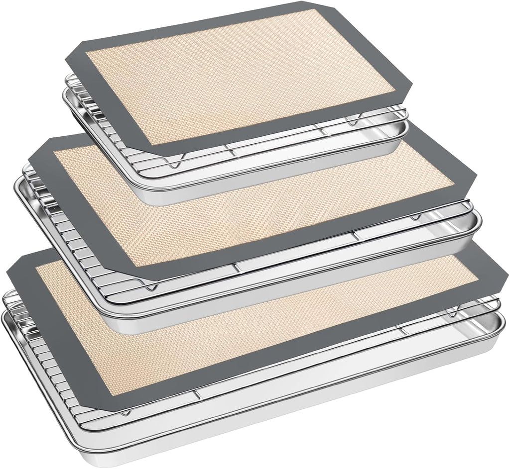 Baking Sheet Tray Cooling Rack with Silicone Mat Set, Stainless Steel Cookie Pan For Oven, Set of 9 (3 Sheets + 3 Racks Mats), Warp Resistant & Heavy Duty & Easy Clean, Grey